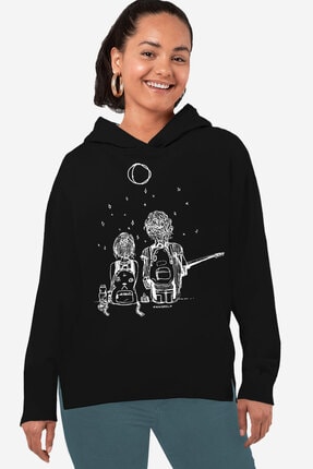 Rock & Roll34 Kadın Siyah Romans Arkası Uzun Yanları Yırtmaçlı Kapşonlu Sweatshirt
