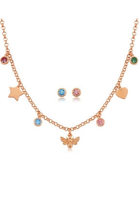 Valori Jewels Yıldız Kalp Arı, Swarovski Zirkon Renkli Taşlı, Rose Gümüş Set