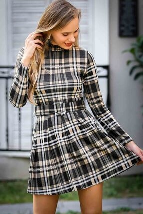 Chiccy Kadın Siyah Sarı Retro Ekose Desenli Kemerli Pliseli Mini Elbise C10160000EL97559