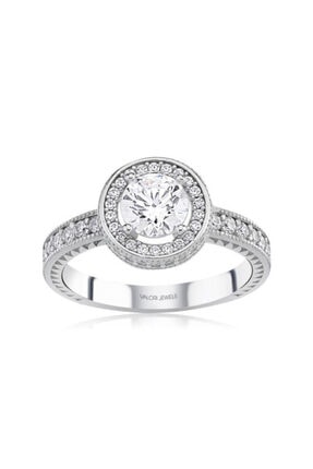Valori Jewels Yuvarlak Dizayn, 0.90 Karat Swarovski Zirkon Taşlı, Gümüş Tektaş Yüzük