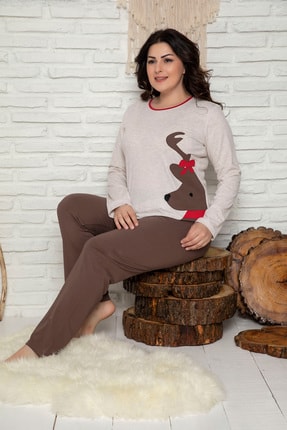 Elitol Kadın Bej Melanj Nakişli Pamuklu Likrali Battal Pijama Takim