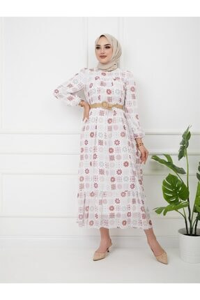 Olcay Kadın Ekru Robası Ve Eteği Büzgülü Hasır Kemerli Elbise 9795-e