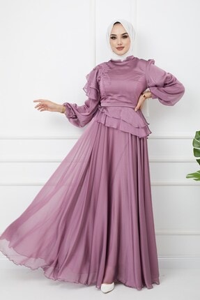 Olcay Beli Ve Kolu Fırfırlı Işleme Detaylı Tesettür Abiye Elbise A.lila 1130