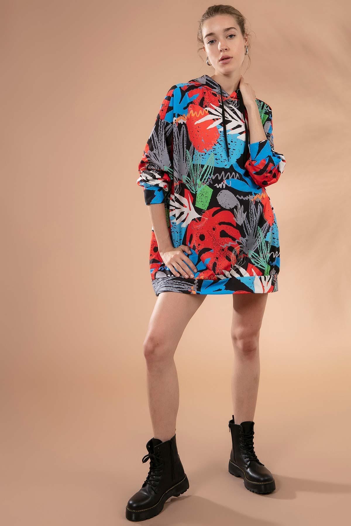 Y-London Kadın Siyah Turuncu Baskılı Kapşonlu Oversize Sweatshirt Elbise Y20W110-4125-34