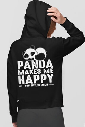 Rock & Roll34 Kadın Siyah Mutlu Panda Fermuarlı Cepli Arkası Baskılı Kapüşonlu Sweatshirt