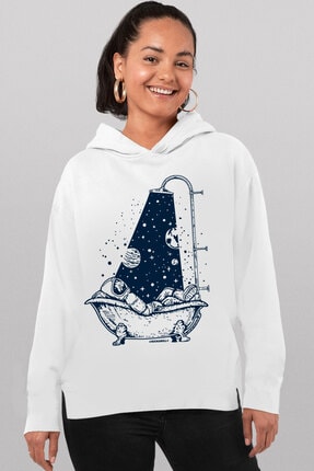 Rock & Roll34 Kadın Beyaz, Astro Duş, Arkası Uzun, Yanları Yırtmaçlı, Kapşonlu Sweatshirt