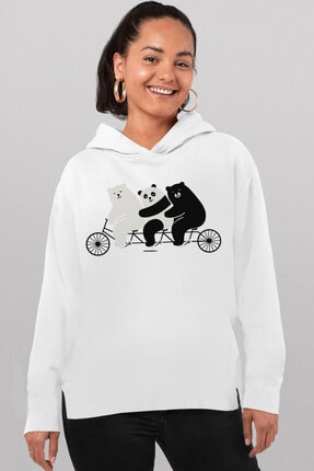 Rock & Roll34 Kadın Beyaz Üçlü Bisiklet Arkası Uzun Yanları Yırtmaçlı Kapüşonlu Sweatshirt