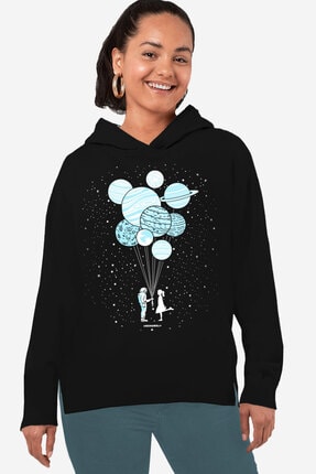Rock & Roll34 Kadın Siyah Balon Gezegenler Arkası Uzun Yanları Yırtmaçlı Kapşonlu Sweatshirt