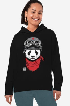 Rock & Roll34 Kadın Siyah Bandanalı Panda Arkası Uzun Yanları Yırtmaçlı Kapşonlu Sweatshirt