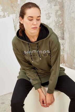 TOMMY LIFE Kadın Renkli Diamonds Nakışlı Kapüşonlu Haki Siyah Tunik Takım