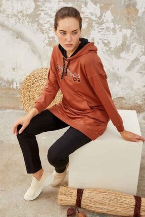 TOMMY LIFE Kadın Tarçın Siyah Diamonds Nakışlı Kapüşonlu Tunik Takım