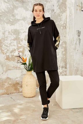 TOMMY LIFE Kadın Parlak Renk Baskılı Kapüşonlu Siyah Gold Tunik Takım