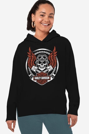Rock & Roll34 Kadın Siyah Motorcu Kurukafa Arkası Uzun Yanları Yırtmaçlı Kapüşonlu Sweatshirt