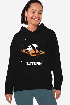 Rock & Roll34 Kadın Siyah Satürnde Panda Arkası Uzun Yanları Yırtmaçlı Kapüşonlu Sweatshirt