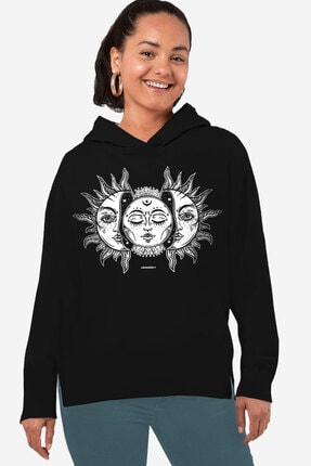 Rock & Roll34 Kadın Siyah Ay Güneş Arkası Uzun Yanları Yırtmaçlı Kapüşonlu Sweatshirt