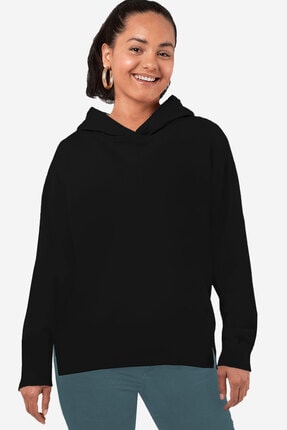 Rock & Roll34 Kadın Siyah Düz Baskısız Arkası Uzun Yanları Yırtmaçlı Kapşonlu Sweatshirt
