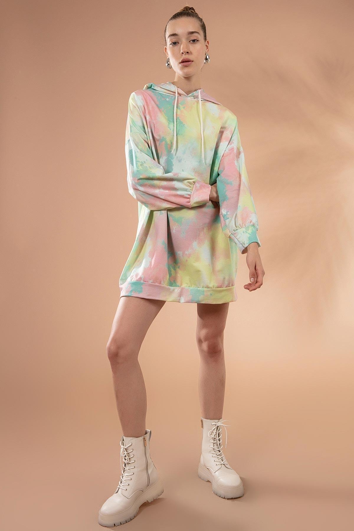 Y-London Kadın Yeşil Batik Desenli Kapşonlu Sweatshirt Elbise Y20W169-1492-1