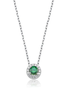 Valori Jewels 0.25 Karat Swarovski Zirkon Yeşil Yuvarlak Taşlı, Gümüş Kolye