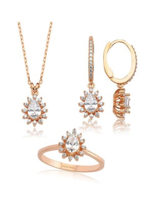 Valori Jewels 1.32 Karat Swarovski Zirkon Beyaz Damla Taşlı, Rose Gümüş Set