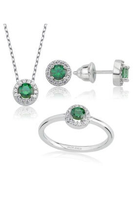 Valori Jewels 1 Karat Swarovski Zirkon Yeşil Yuvarlak Taşlı, Gümüş Set