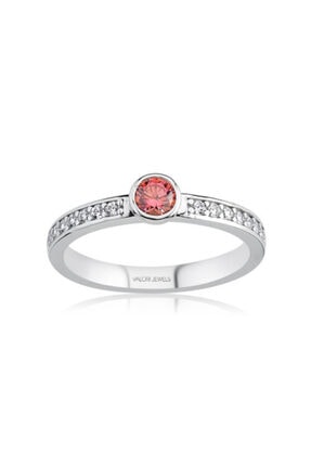 Valori Jewels 0.40 Karat Swarovski Zirkon Pembe Yuvarlak Taşlı, Gümüş Tektaş Yüzük