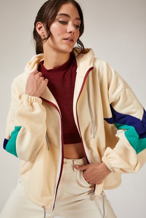 Happiness İst. Kadın Krem Fermuarlı Kapüşonlu Polar Sweatshirt OX00006