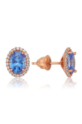 Valori Jewels 2 Karat Swarovski Zirkon Mavi Oval Taşlı, Rose Gümüş Küpe