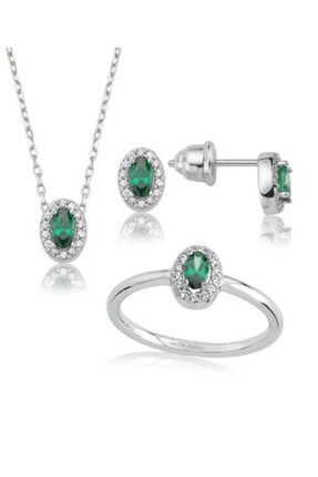 Valori Jewels 1 Karat Swarovski Zirkon Yeşil Oval Taşlı, Gümüş Set