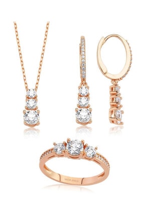 Valori Jewels 3.18 Karat Swarovski Zirkon Beyaz Yuvarlak Taşlı, Rose Gümüş Üçtaş Set