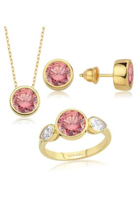 Valori Jewels 8 Karat Swarovski Zirkon Pembe Yuvarlak Ve Beyaz Damla Taşlı, Altın Rengi Gümüş Set