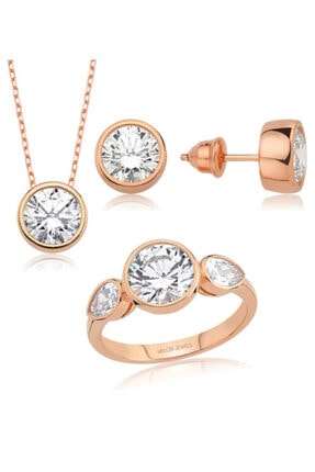 Valori Jewels 8 Karat Swarovski Zirkon Beyaz Yuvarlak Ve Damla Taşlı, Rose Gümüş Set