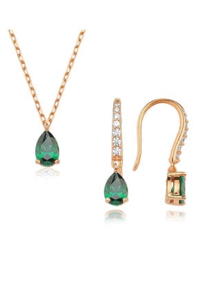 Valori Jewels 0.99 Karat Swarovski Zirkon Yeşil Damla Taşlı, Rose Gümüş Set