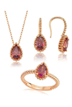 Valori Jewels 3 Karat Swarovski Zirkon Kırmızı Damla Taşlı, Rose Gümüş Set