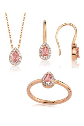 Valori Jewels 0.80 Karat Swarovski Zirkon Pembe Damla Taşlı, Rose Gümüş Set