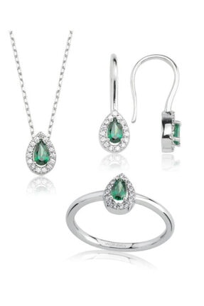 Valori Jewels 0.80 Karat Swarovski Zirkon Yeşil Damla Taşlı, Gümüş Set
