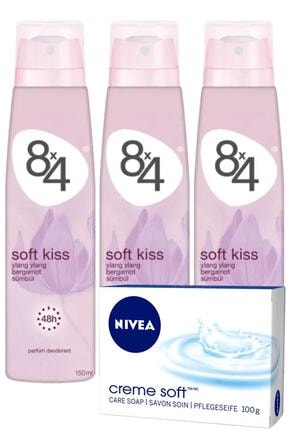 8x4 Soft Kiss Pudrasız Unisex Deodorant Sprey 150 Ml X 3 Adet | +nivea Sabun