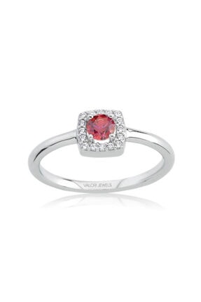Valori Jewels 0.25 Karat Swarovski Zirkon Kırmızı Yuvarlak Taşlı, Gümüş Yüzük