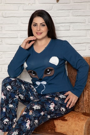 Elitol Kadın Petrol Nakişli Pamuklu Likrali Battal Pijama Takim