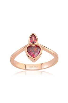 Valori Jewels 0.95 Karat Swarovski Zirkon Kırmızı Kalp Ve Damla Taşlı, Rose Gümüş Yüzük