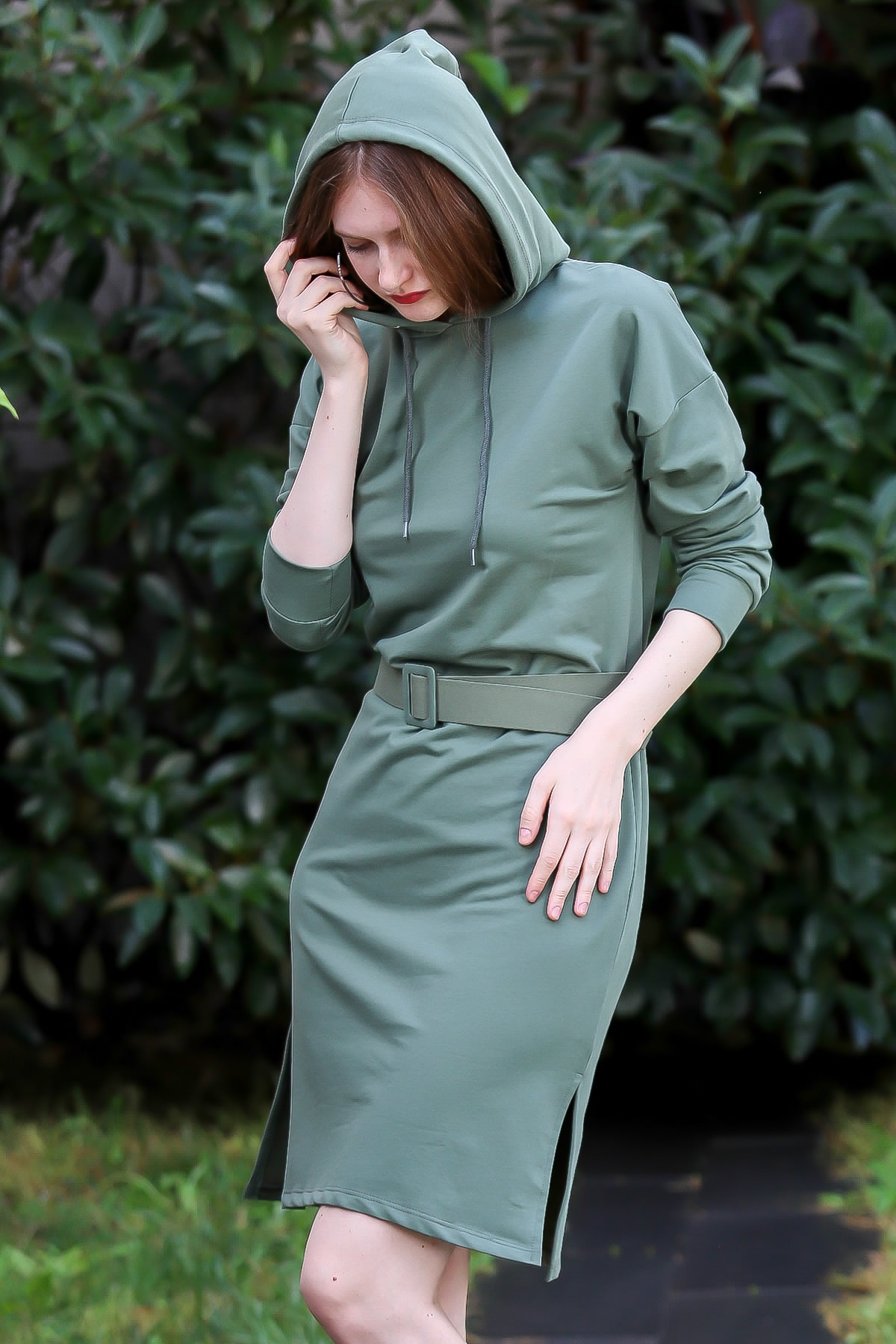 Chiccy Kadın Mint Vintage Kapüşonlu Kemerli İki İplik Yırtmaçlı Sweat Elbise M10160000EL96188