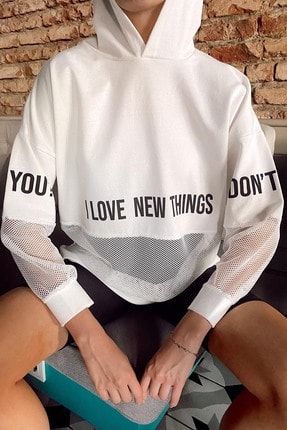 Xhan Kadın Beyaz File Detaylı Baskılı Tunik Boy Sweatshirt 1kxk8-44203-01