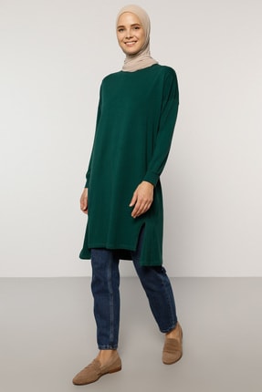Everyday Basic Kadın Yeşil Doğal Kumaşlı Yırtmaç Detaylı Basic Tunik 1730407