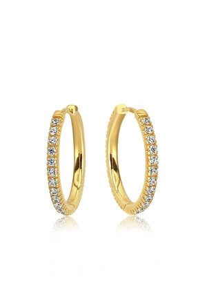 Valori Jewels Medium, Zirkon Beyaz Taşlı, Altın Rengi Gümüş Halka Küpe