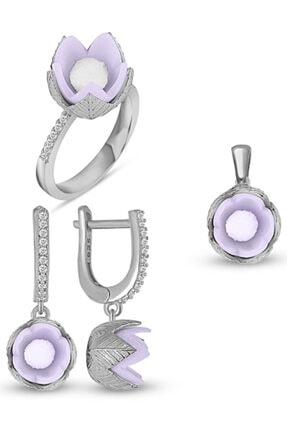 Else Silver Beyaz Beş Yapraklı Lotus Çiçeği Takı Seti 925 Ayar Gümüş