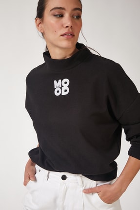 Happiness İst. Kadın Siyah Nakış Baskılı Selanik Triko Sweatshirt (CH) KH00031