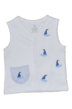 Bibaby Unisex Bebek Beyaz Çıtçıtlı Yelkenli Nakışlı Düz Renk Cepli Pamuklu Yelek