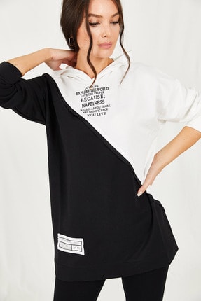 Armonika Kadın Siyah İki Renk Önü Yazılı Kapişonlu Sweatshirt ARM-21K024050