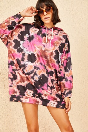 Bianco Lucci Kadın Kapüşonlu Multi Desenli Oversize Sweat Elbise