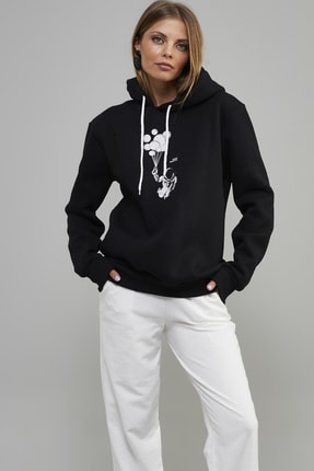 Cool & Sexy Kadın Siyah Sırt Baskılı Kapüşonlu Sweatshirt MR103