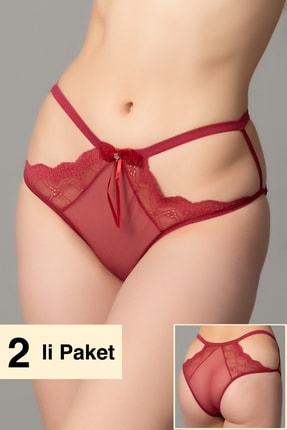PrettyChic Kadın 2Li Külot Ip Detaylı Dantelli Tül Standart Beden